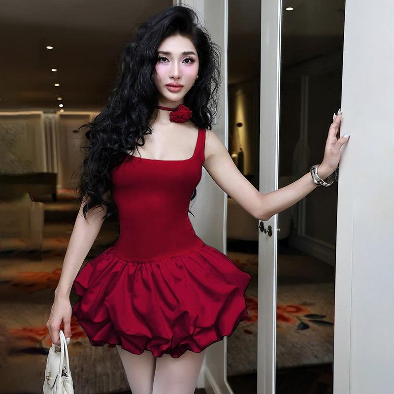 Autumn and Winter Women's Clothing New Solid Color Temperament Sexy Square Neck Tight Tutu Dress Sleeveless Dress Women
