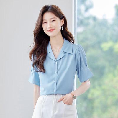 Blusa de manga corta con cuello en V para mujer, para ir al trabajo