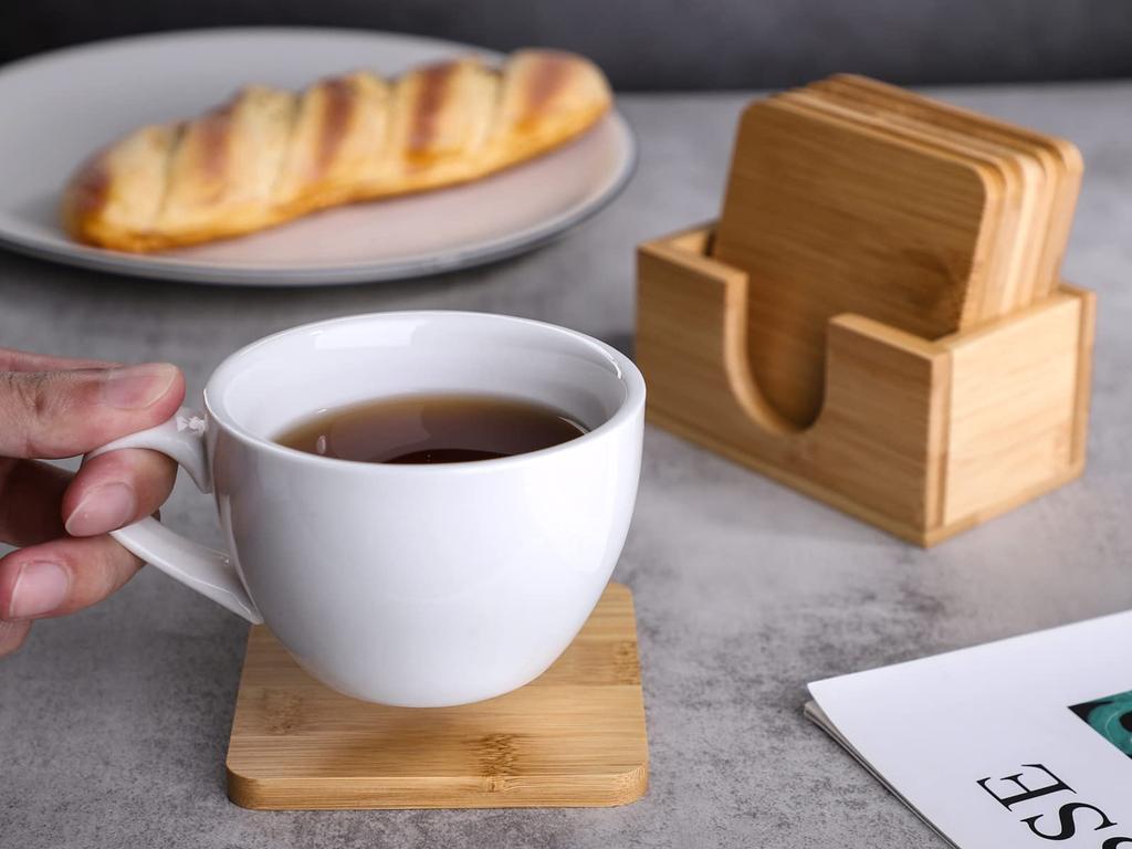 Set of 6 Natural Bamboo Coasters, Cup Pads, and Cup Mats with Bamboo Storage Case. Insulated, Quick-Drying, Non-Slip, 9.5cm x 9.5cm.