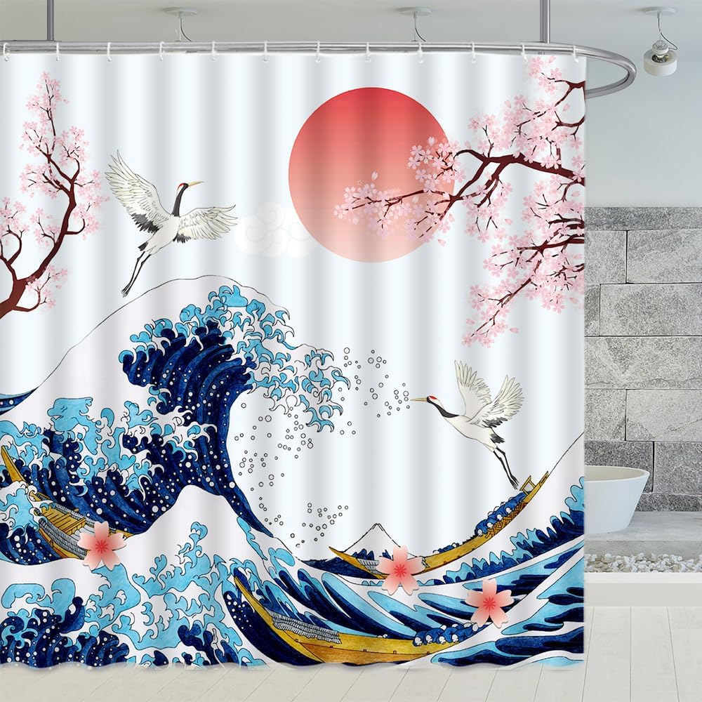 Spring Cherry Blossoms Shower Curtains Japanese Style Sea Wave Crane Animal Sun Ocean Themed Pattern Print Bathroom Decor 90x180CM