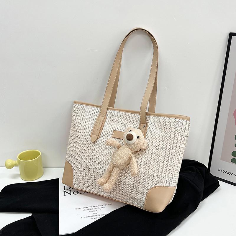 Large Capacity Canvas Tote Bag For Women With Charming Woven Design And Stylish Bear Motif