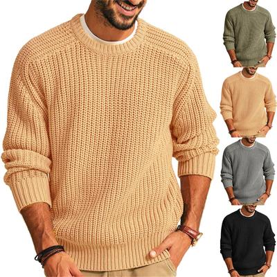 Nowy męski sweter w jednolitym kolorze z długim rękawem i okrągłym dekoltem, luźny, amerykański, retro, dzianinowy