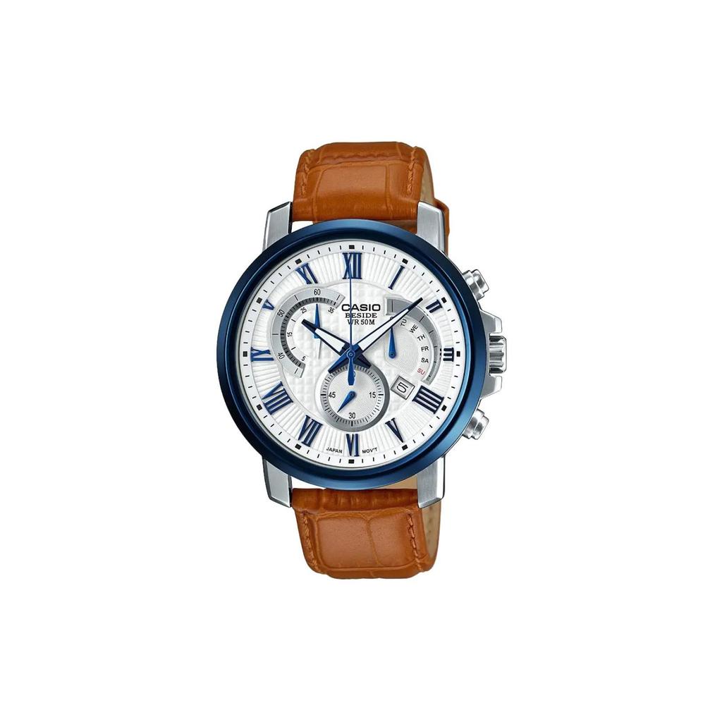 Casio 50M Water Resistant Quartz Movement Leather Strap Watch Men watches White BEM-520BUL-7A2