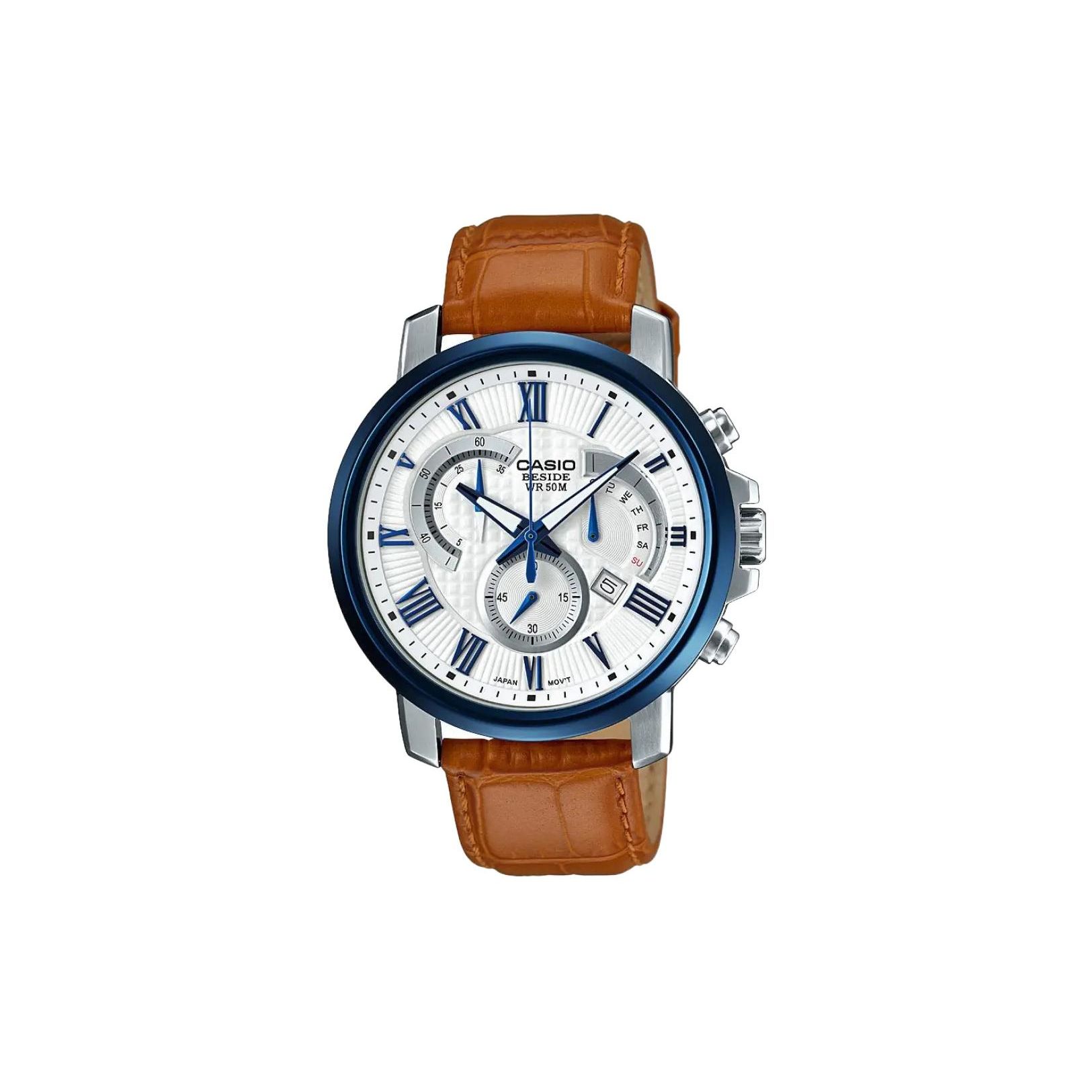 Casio 50M Water Resistant Quartz Movement Leather Strap Watch Men watches White BEM-520BUL-7A2 White Dial