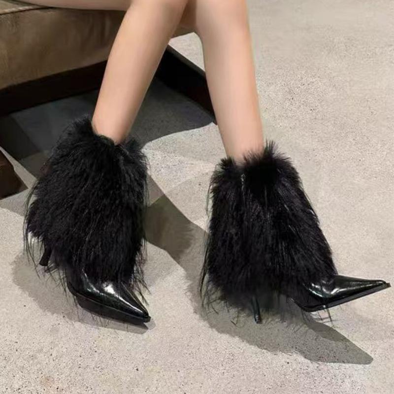 

Мех Женские Ботильоны на Высоком Каблуке Элегантные Туфли с Острым Носком Зимние Модные Ботинки Челси Новые Туфли-Лодочки Дизайнерские Снежные Женские Ботинки 40