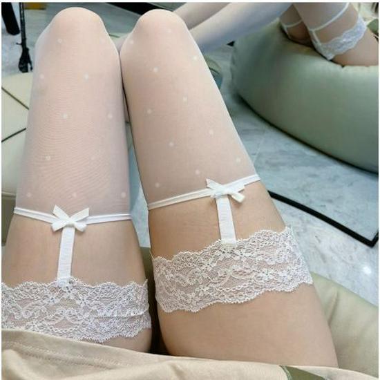 Red Lace Polka Dot Thigh-High Stockings with Bow Suspenders