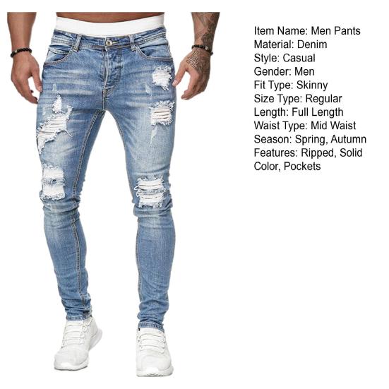 Men Jeans Ripped Washed Solid Color Button Zip Fly Streetwear Hip Hop Skinny Denim Pants Trousers for Outdoor