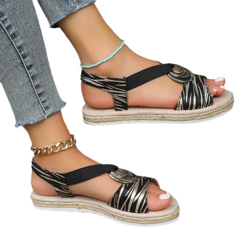 Wish large size women's sandals metal buckle decorative hemp rope thick sole light bottom fish mouth beach sandals women