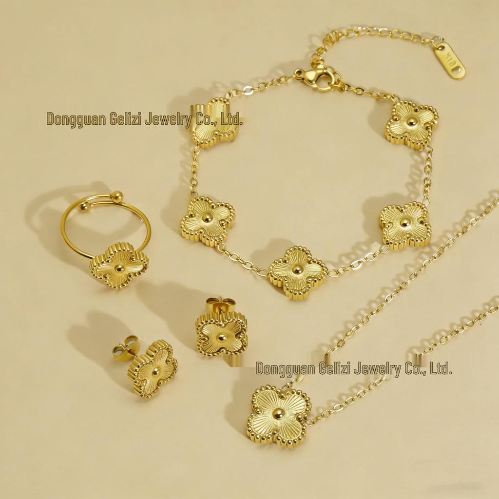 18K Engraved Stainless Steel Four-Leaf Clover Jewelry Set: Necklace, Bracelet, and Earrings
