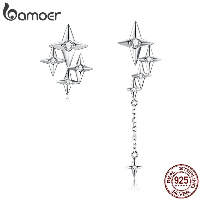 

BAMOER 925 стерлингового серебра Гипоаллергенные серьги, асимметричные сверкающие кубические цирконии Звездные женские серьги Шпильки