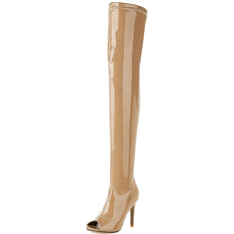 Bílé kozačky nad koleno Dámské Sexy Elastické Boty na Vysokém Podpatku Dámské Kozačky po Stehno Peep Toe Kožené Dlouhé Striptérské Boty Dámské