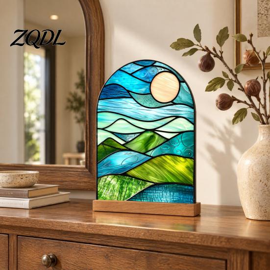 Artistic Tabletop Accents Stained Glass Style Acrylic Table Centerpieces, Floral & Landscape Pattern Exquisite Room Decor Sign with Wood Base for Home