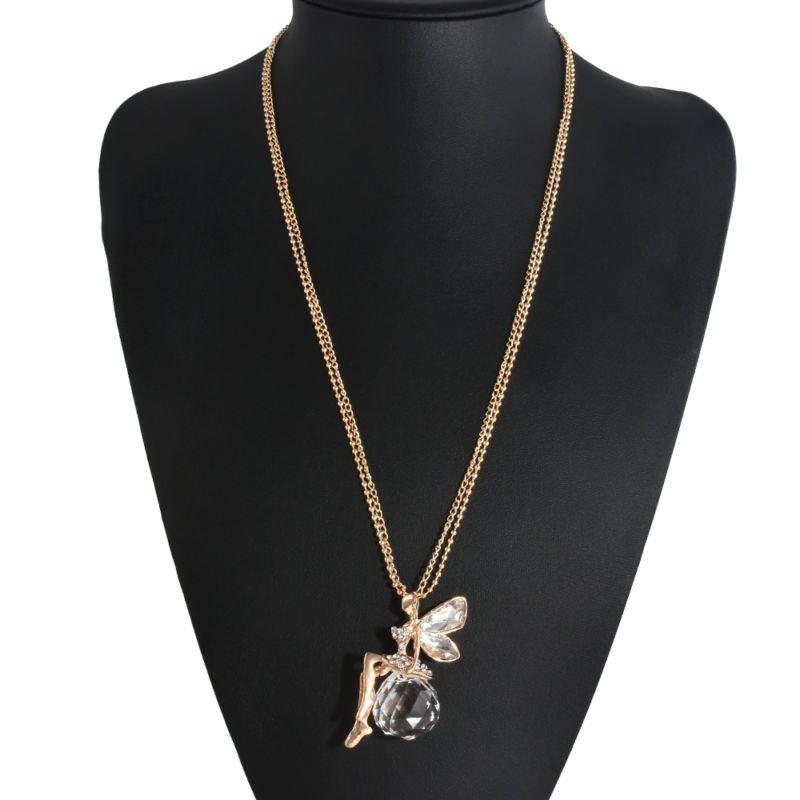 Elegant Fashion Women Crystal Fairy Angel Wing Pendant Long Chain Necklace Gift