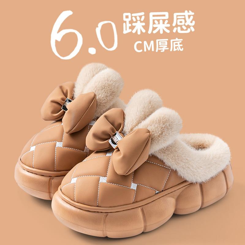 Bow cotton slippers winter piled thickened plush warm non-slip bag and home outdoor cotton shoes winter