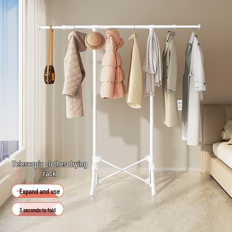 Butterfly Edge Folding Clothes Rack: Floor-Standing, Retractable, Multi-Functional Drying Pole for Balcony & Quilts. Ivory White Single Rod, Adjustable Length