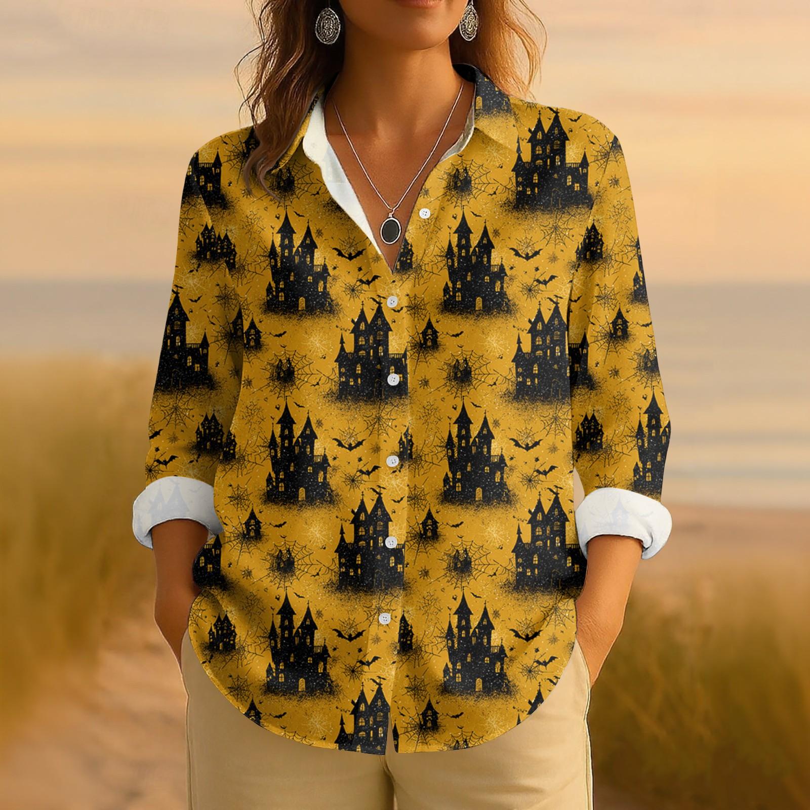 

Женская ретро рубашка с принтом на Хэллоуин, на пуговицах, с длинным рукавом, повседневная, с обычным воротником L жёлтый