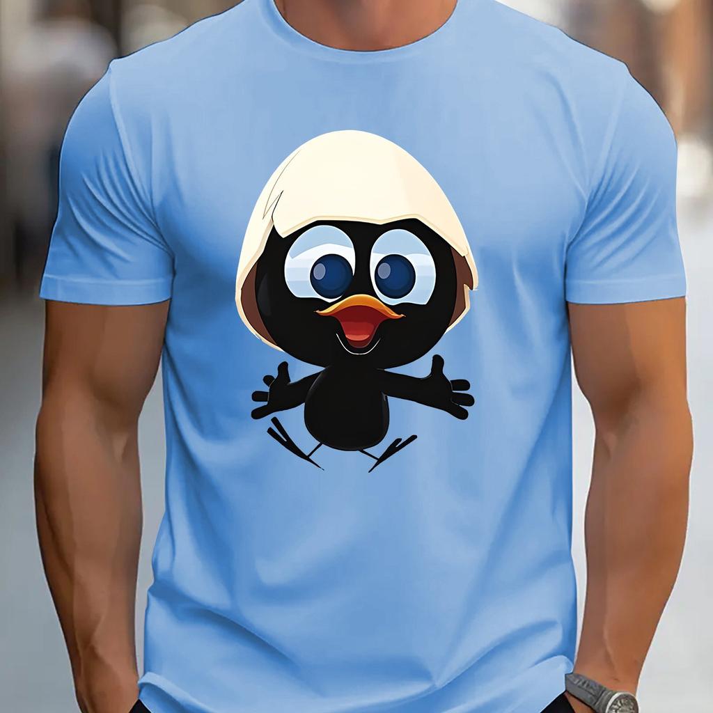 Men's Summer 100 Cotton Fashionable Casual Sports Loose and Interesting Cartoon Penguin Pattern Printed Round Neck Short Sleeved T-shirt