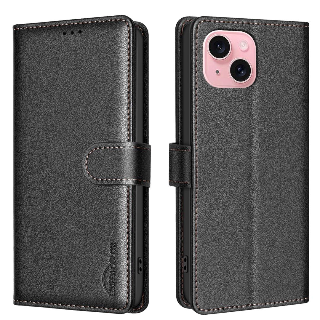 BINFEN COLOR BF32 For iPhone 14 Plus/15 Plus Case RFID Blocking Card Holder Wallet Leather Phone Cover A