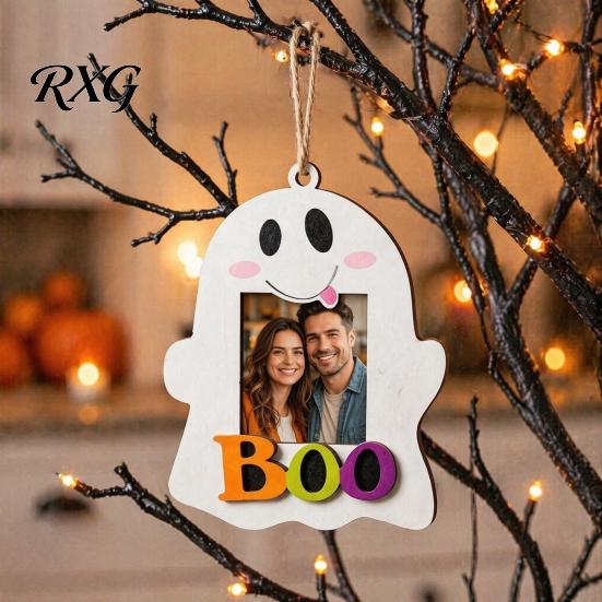 Solid Wood Photo Ornament Halloween Cute Ghost Wooden Frame with Hanging Rope, Creative Family Display Picture for Holiday Party Decor And Home