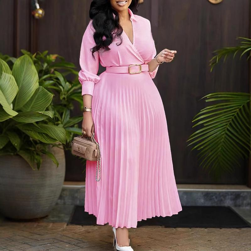 

Chic High-Waist Pleated African Dress with Turn-Down Collar and Long Sleeves L