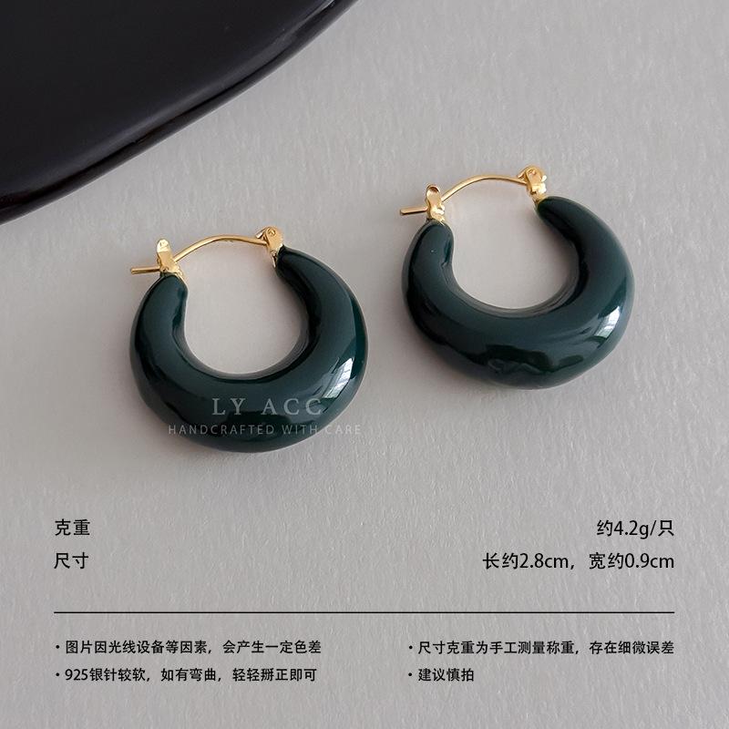Retro thick C-ring enamel ear buckle light luxury bright glazed earrings niche fashionable multi-color daily atmosphere big earrings