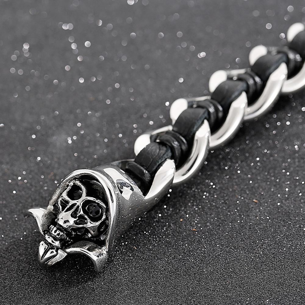 Cool Men's Braided Genuine Leather Skull Bracelet for Men Gothic Cast 316l Stainless Steel Wristband Punk Biker Bracelet Jewelry