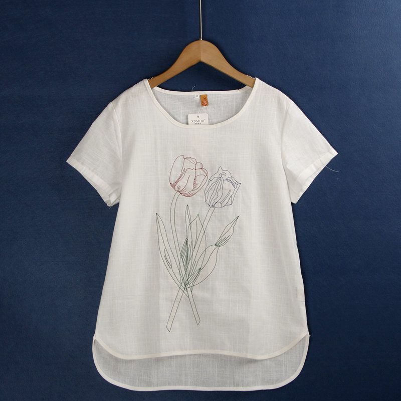 

Хлопково-льняной пуловер с круглым вырезом, свободная рубашка с рукавами-тюльпанами для женщин White S