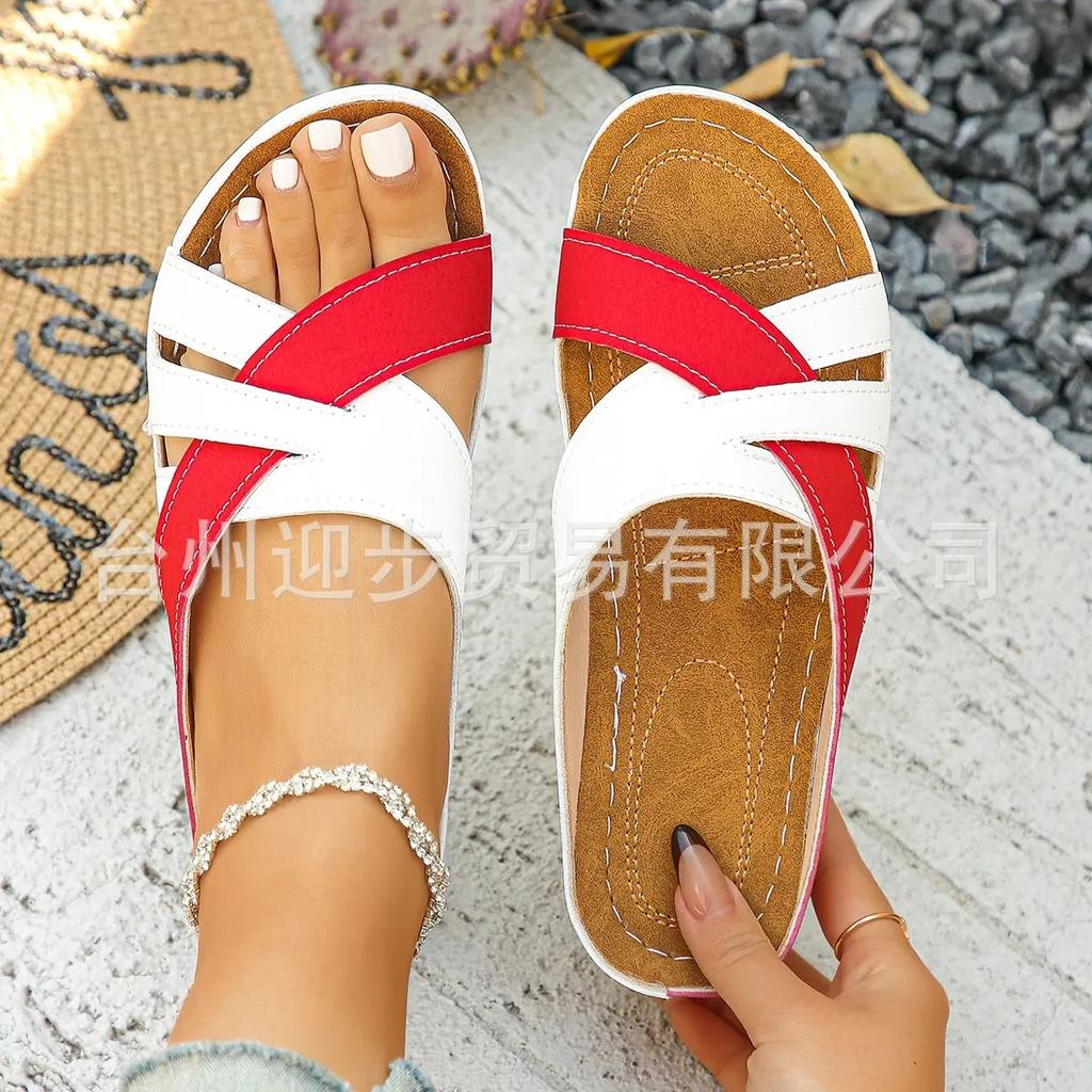 Fashion 2025 Summer New Color Blocked Fashion Women's Thick Bottom Slope Heel Slippers Outdoor Women's Sandals Summer Women Shoes