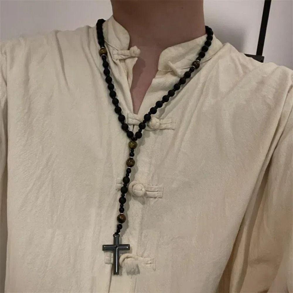 Charm Beaded Long Necklace Cross Pendant Rosary Neck Jewelry Tiger-eye Beads Necklace  Decoration