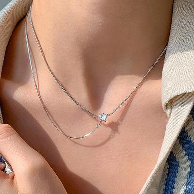 S925 Sterling Silver Necklace Clavicle Neck Chain Temperament Smart Short Flash Diamond Splicing Chain Necklace