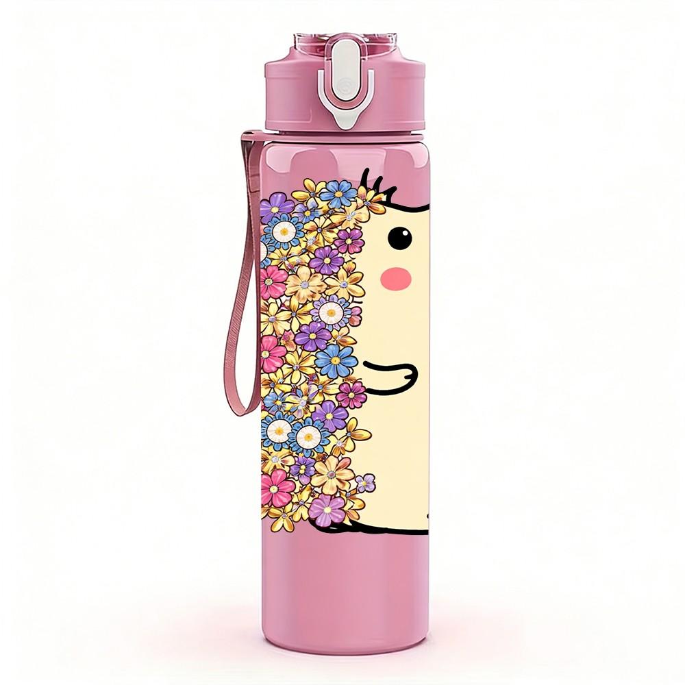 1PC Cute Hedgehog Pastel Cartoon Print 750ml Color Plastic Sports Water Bottle Leakproof Flip Straw Lid Suitable for Sports Office Home Use