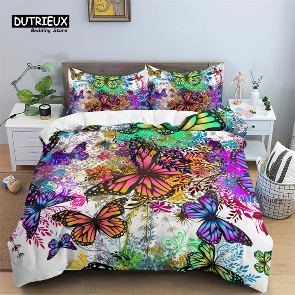 

Мягкий комплект постельного белья с разноцветными бабочками, микрофибра, принт со стрекозой, пододеяльник для детей, подростков, девочек, с наволочками, декор для спальни EU single(135x200cm)