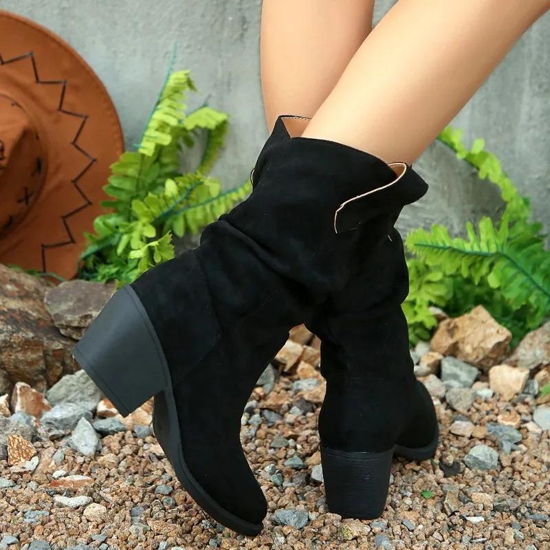 Women's Western Style Pointed Toe Booties Large Size Chunky Heel French Vintage Short Boots Autumn Winter New Arrival