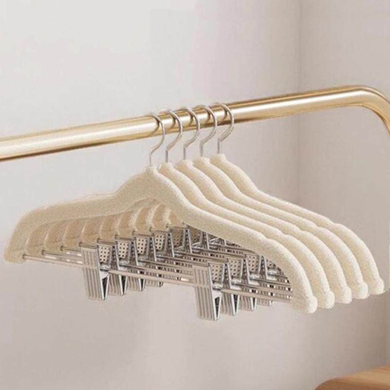 

5pcs Non-slip Flocking Hangers for Home Use Seamless Integrated Clips Pants Rack Clothes Rack Adjustable Pants Clip Organization бежевый