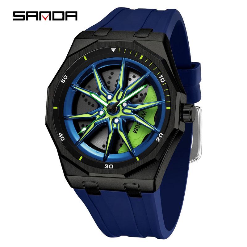 Sanda Men's Waterproof Alloy Car Wheel Design Silicone Wristwatch