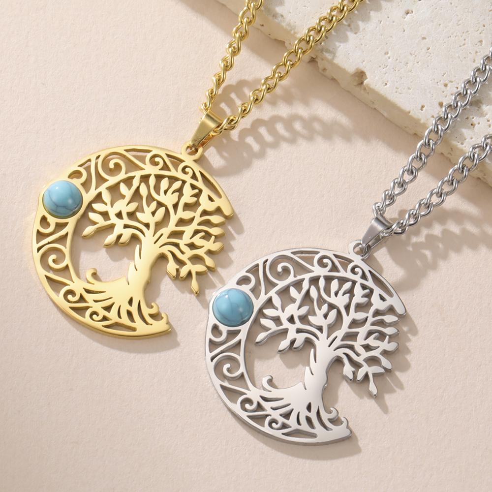 Dawapara Vintage Turquoise Crescent Moon Tree of Life Necklace Filigree Celtics Moon Wiccan Pendant Stainless Steel Jewelry