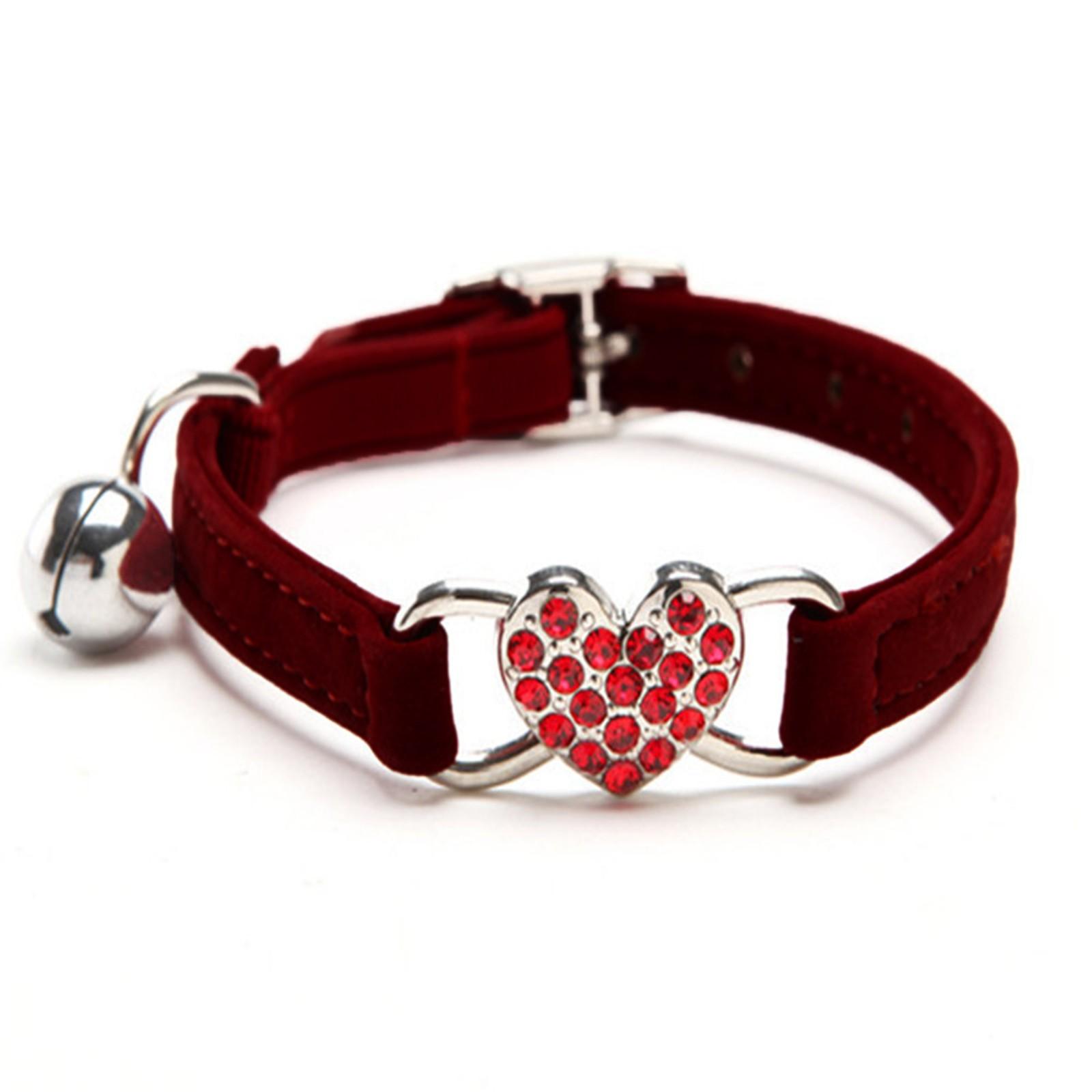 

Cute Crystal Elastic Dog Collar Velvet Bell Heart Shape Pet Necklacce червоний