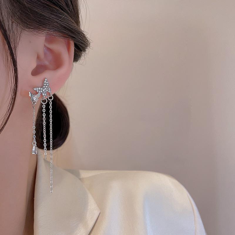 Flash Diamond Butterfly Tassel Earrings Femininity Long Earrings Silver Needle Ears