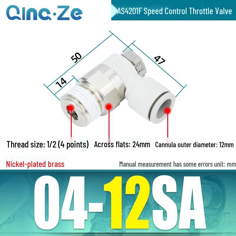 Throttle Speed Control Valve with AS1201F-M5-04A Pneumatic PU Air Hose Connector, Models AS2201F-01-2-06SA/08SA.