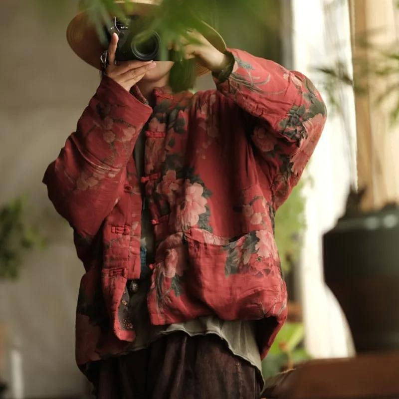 Johnature Women Chinese Print Floral Stand Pockets Button Winter Long Sleeve Warm Coats