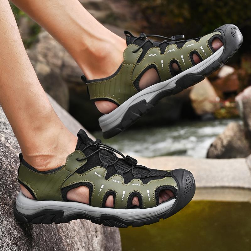 Men's Leather Sandals Summer Outdoor Hiking Shoes Water Wading Anti Slip Toe Wrapped Beach Shoes Size 38-45