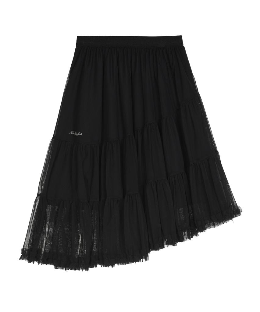 Nigaennikol Tiered Sheer Long Skirt_Black