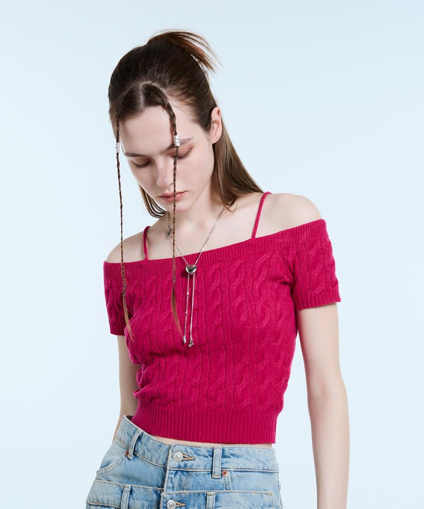 LARTIGENT L11 Cable Off Shoulder Knit(Purple)