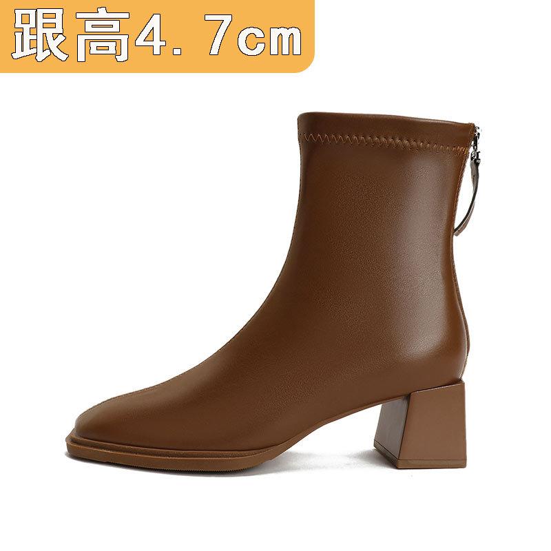 High-heeled short boots women's spring and autumn single boots 2024 autumn and winter new boots medium tube thick heel white bare boots square head th