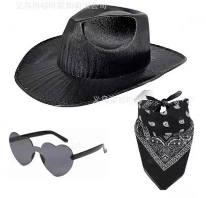 Feather Edge Letter Cowboy Hat Sequins Pink Western Rough Edge Cowboy Hat Glasses Square Towel Three-piece Set