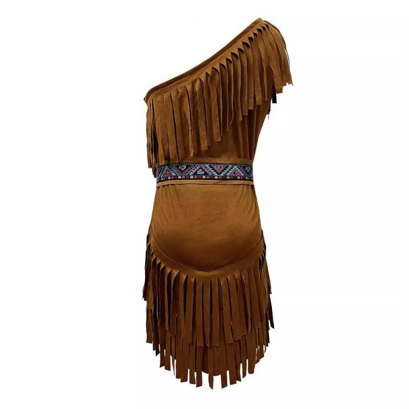 Womens Tribal Native American Costume Dress With Headpiece Arm Cuffs Waist Belt Leg Warmers Halloween Festival Cosplay