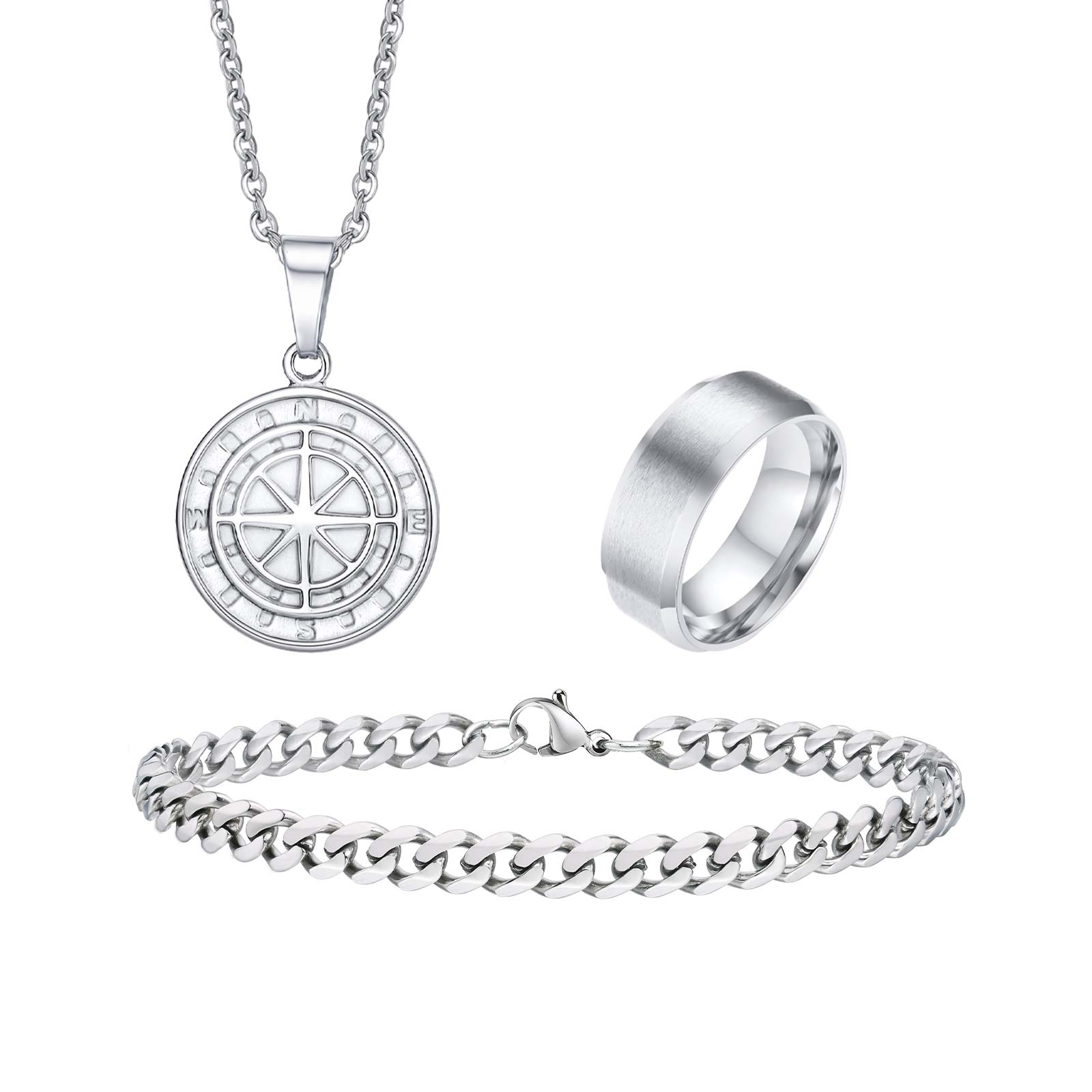 

Vnox Men s 3pcs/Set Stainless Steel Jewelry Set, Black Silver Gold Color Compass Necklace Link Bracelet Ring Set for Dad Husband 7