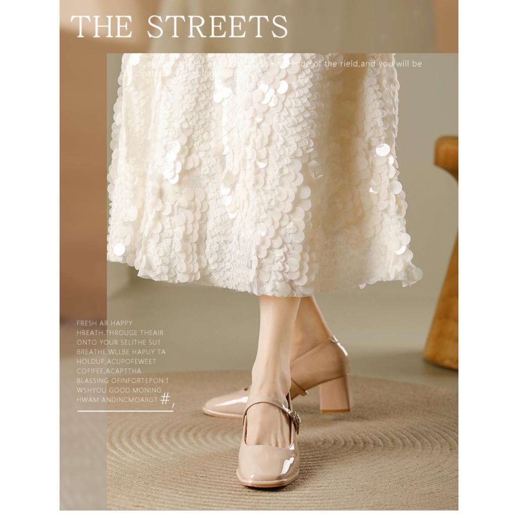 Patent Leather Thick High-heeled, New Women's Hundred with A Word with High-heeled Women's Single Shoes, Women's High-heeled Shoes, Elegant