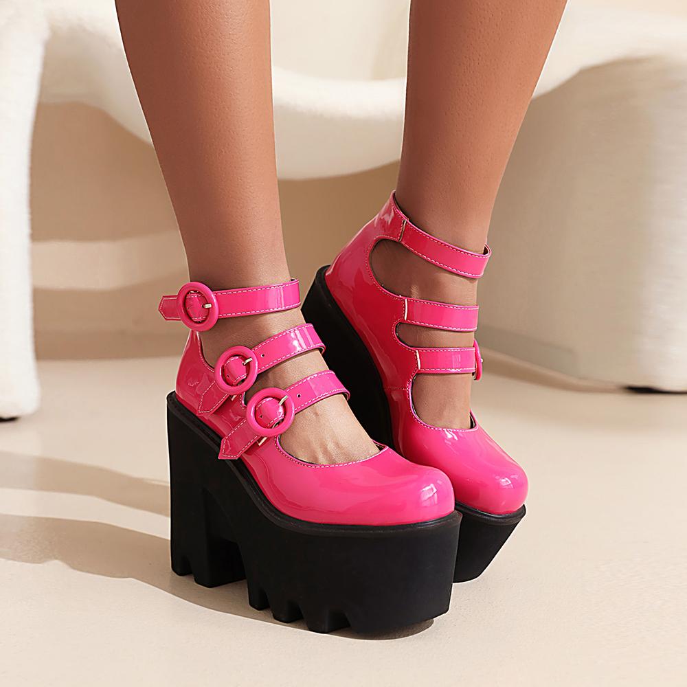 Three Rows Of Round Buckle Super High Wedges Sexy Women's Pumps Bright Patent Leather Super High Platform Women's High Heels