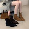 Cowhide Version Suede Simple Pointed Short Boots Women's Autumn and Winter New Rear Zipper Thin Boots Fashion Boots Women